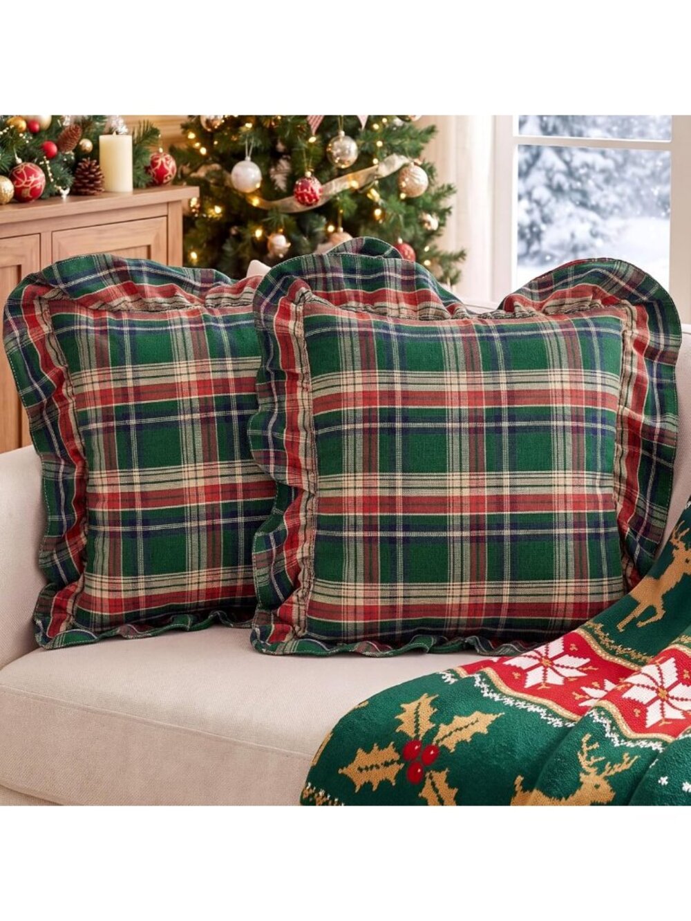 Cozy Christmas Tartan Plaid Pillow Covers - Green & Red, 18x18, Set of 2